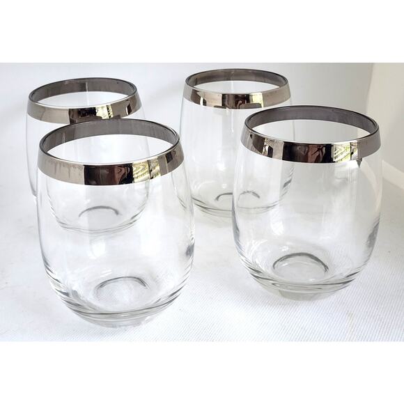 WINE GLASSES-STEMLESS-Clear Glass With Silver Rims-Rounded-Set of 4 - Picture 6 of 9
